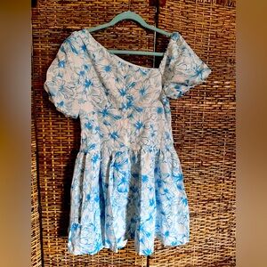 Asymmetric Neckline Puff Sleeve Floral Print Mini Dress - Blue